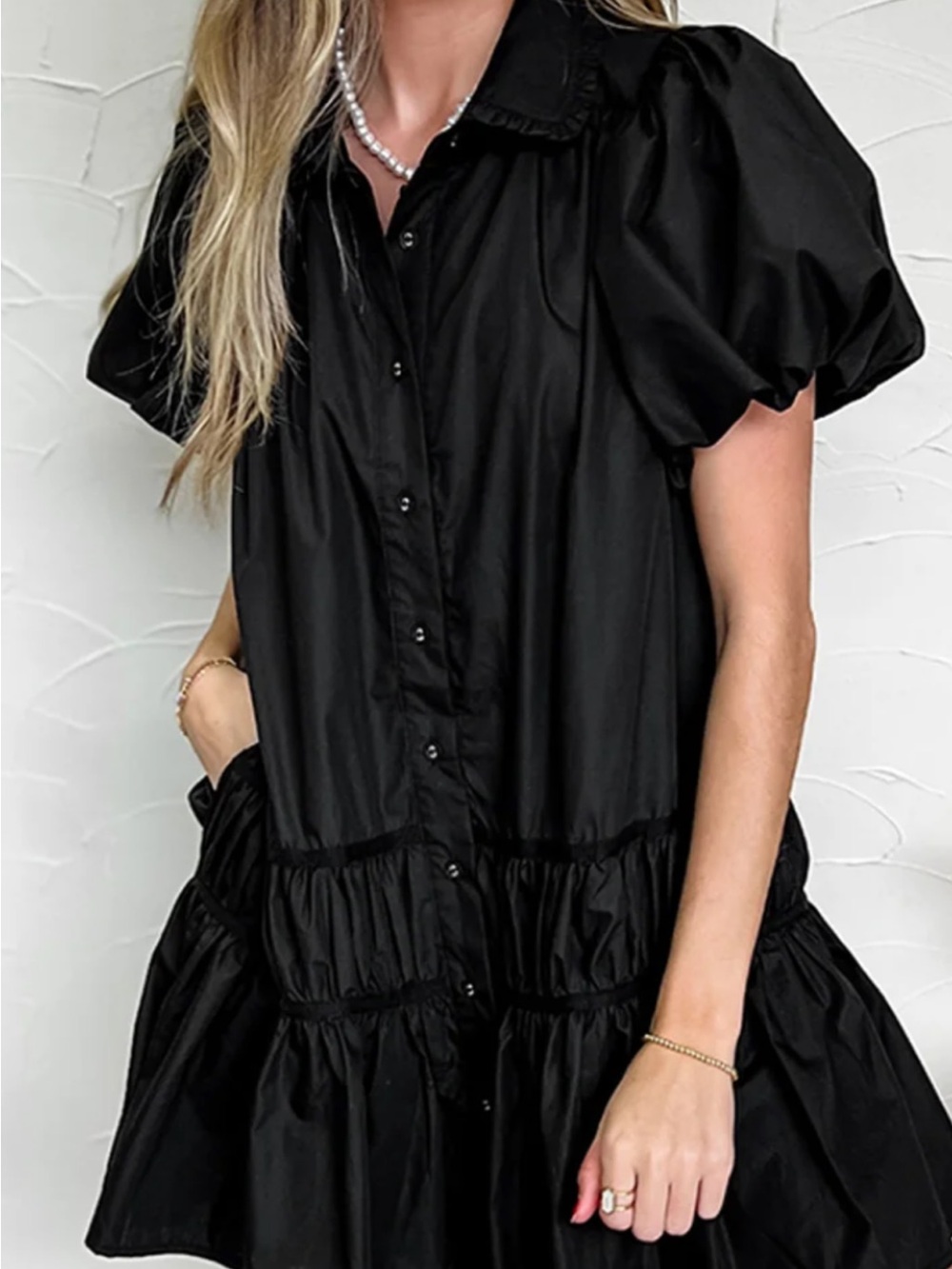 Black Puff-Sleeve Tiered Mini Dress